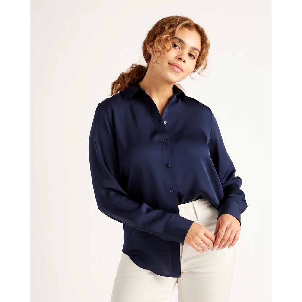 Quince Washable Stretch Silk Blouse Navy Blue Button Down XS